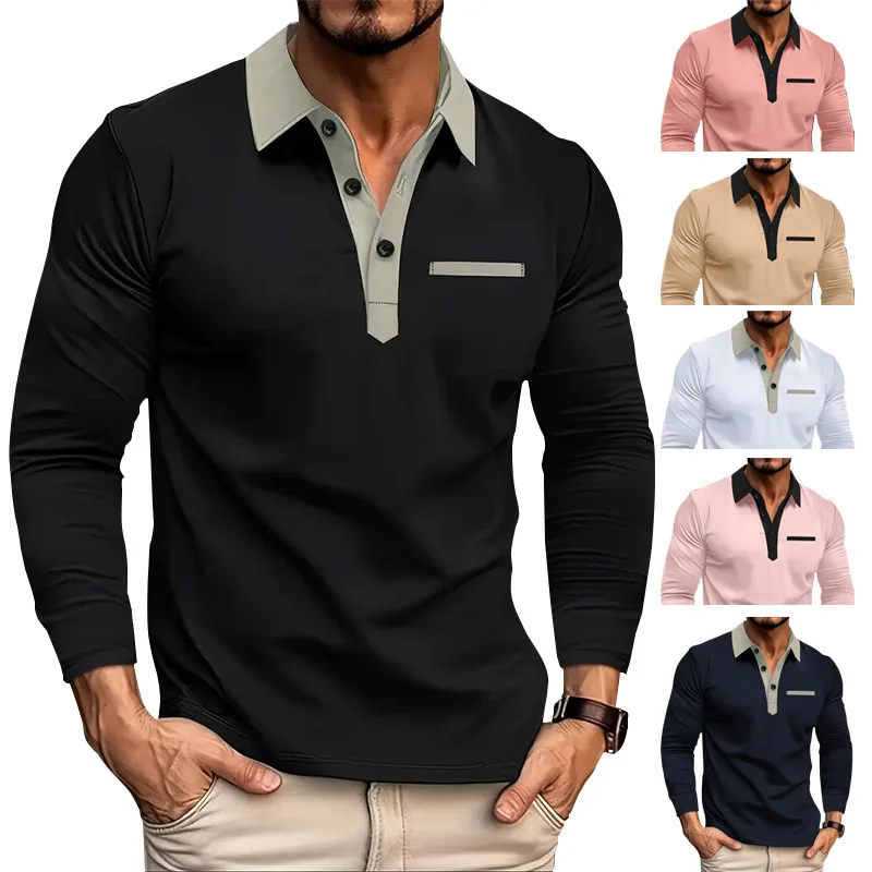 

Men's Long Sleeve Polo Shirt, Lapel Patchwork, Slim Fit, Faux Pocket, Spring and Autumn, New, GZMS-2024L