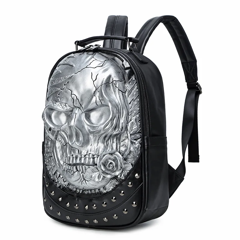 2024 PU Leather Harajuku Black Skull Backpack 3D Aesthetic Rivet Trendy Travel Backpack for Men and Women