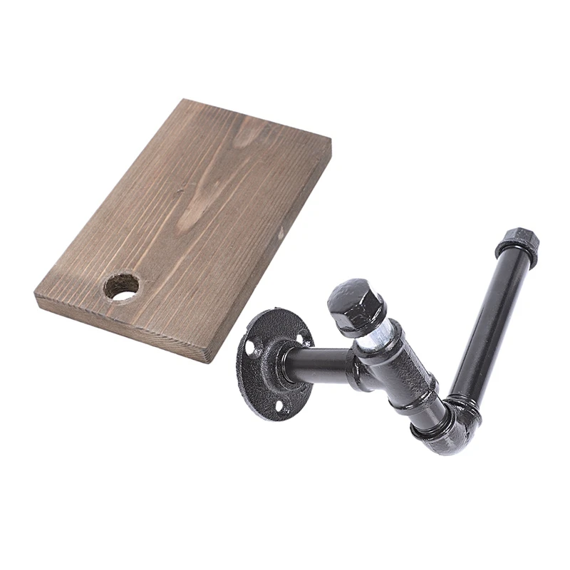 2X Toilet Roll Holder Multifunction Retro-Styled Iron Pipe Wall Mount Paper Towel Rack With Wooden Storage Shelf Rack