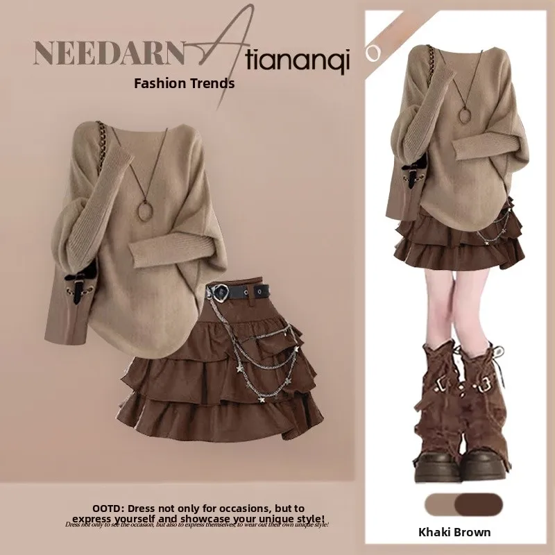 

Spring 2026 Vintage Knitted Sweater And Puffy Skirt Two-Piece Set Ele Casual Sle Women's Faion Ensemble