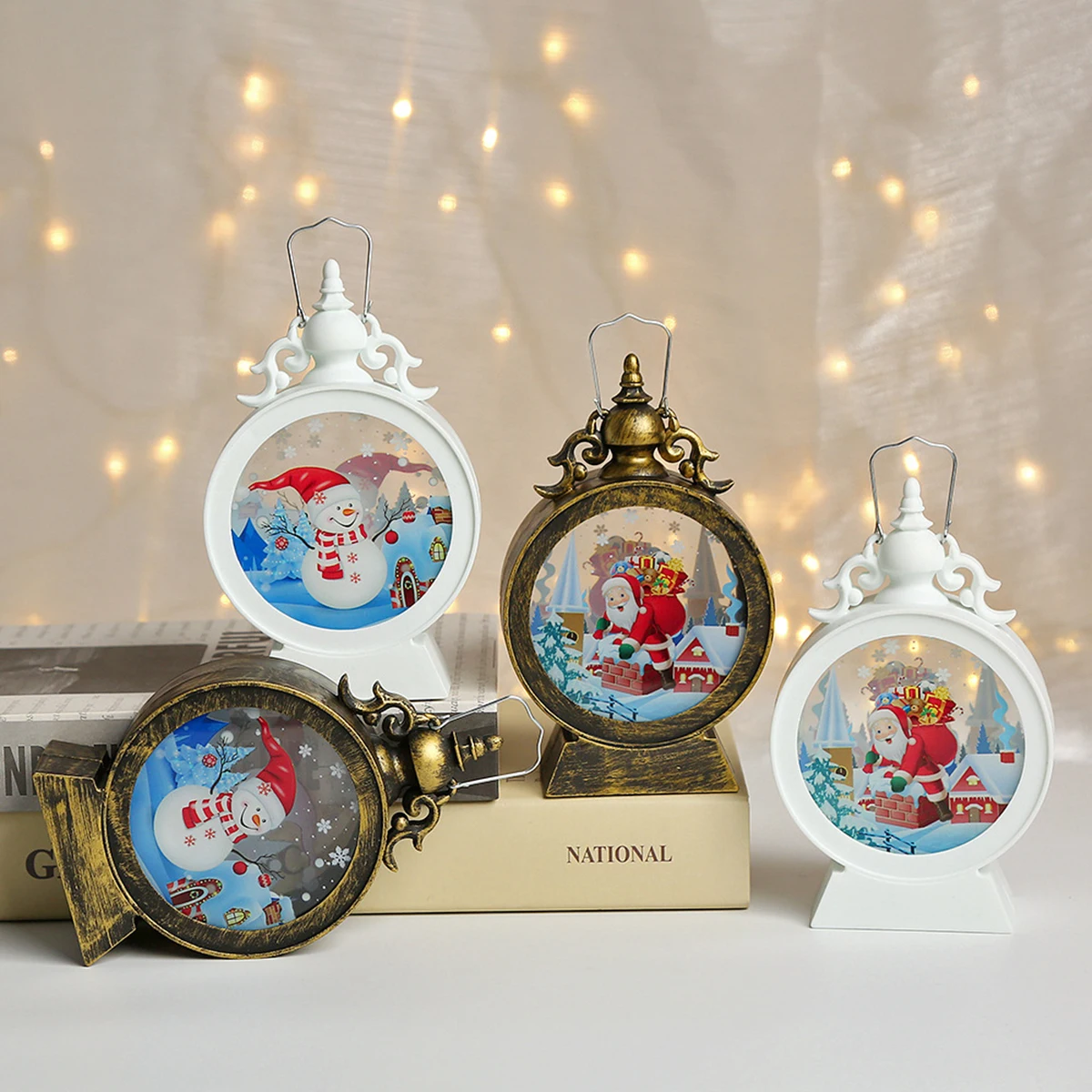 Christmas LED Lantern Decoration Vintage Snowman and Santa Claus Scene Light Holiday Decorative Lantern Home Office Party Decor