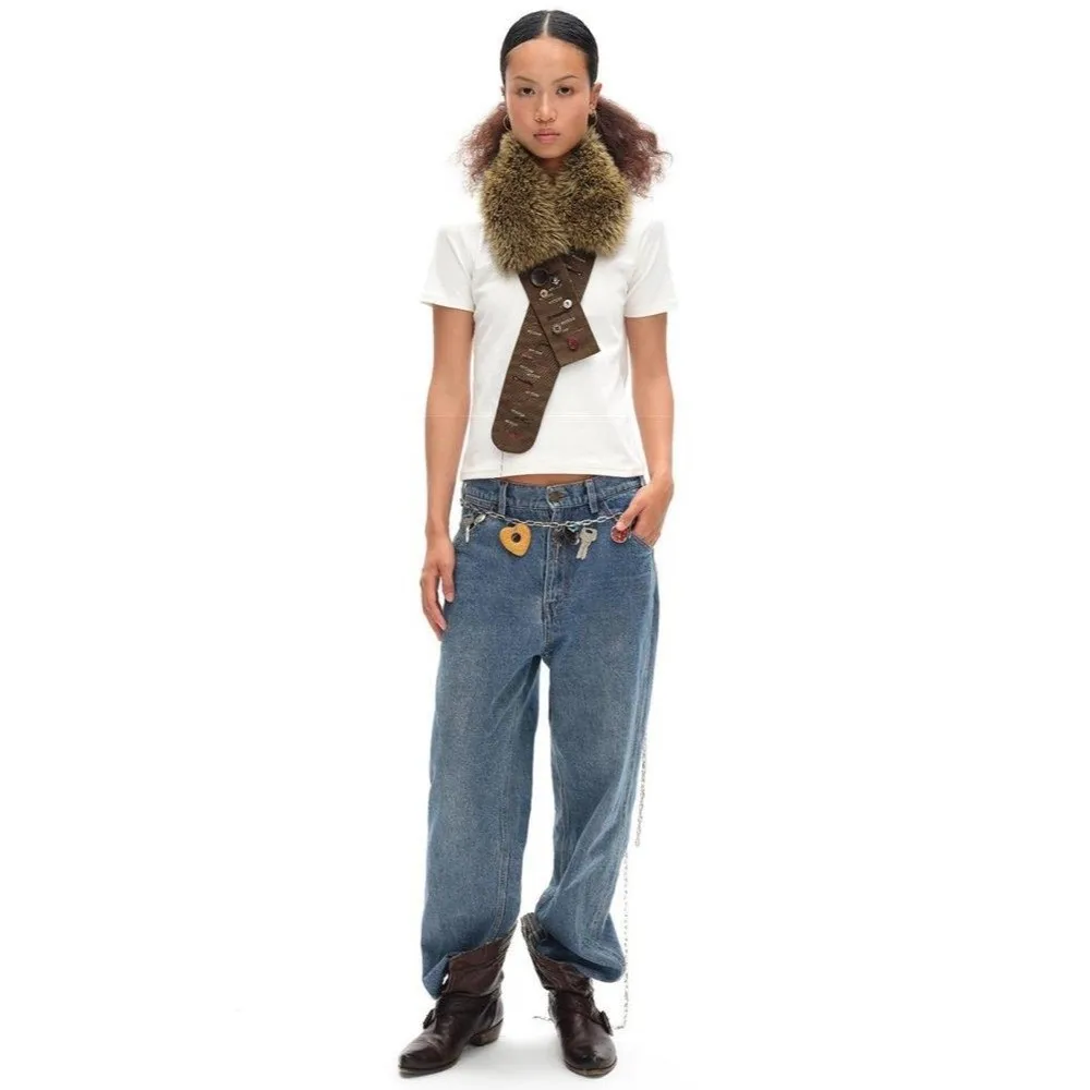 Hip Hop Retro Leather Belt Y2K Hand-Sewn Waist Cincher Hook Closure Fur Belt Women Fashion Waistband Decor