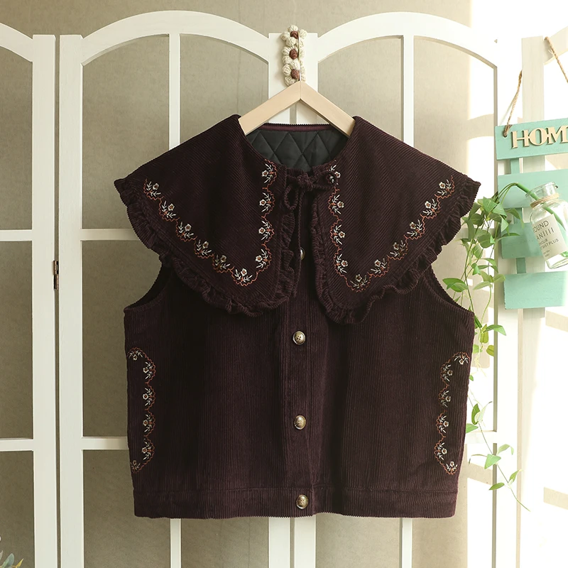 Autumn Winter Sweet Embroidered Corduroy Vest Tops Women Casual Sleeveless Tops WH1007