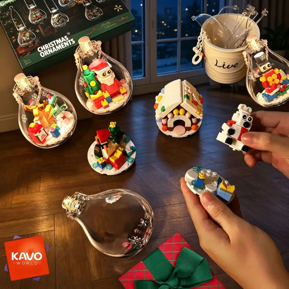 KAVOWORLD Christmas Light Bulb Building Block Ornaments Mini Bricks Pendant DIY Assembly Model Kits Xmas Tree Hanging Decor Gingerbread House Santa Reindeer Bricks LED Light Home Window Party Holiday Display Christmas New Year Gift Toy for Family Friends