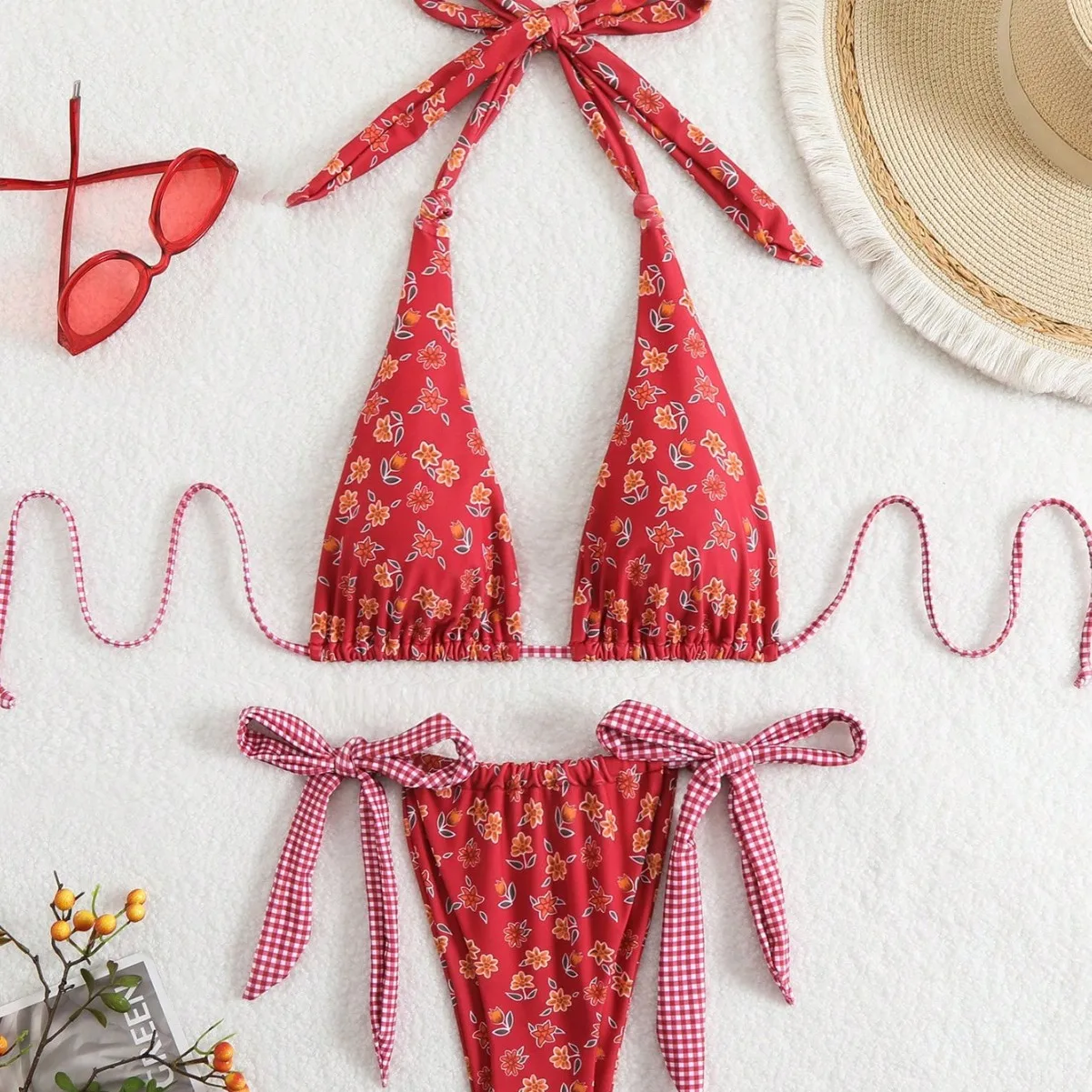 플로럴 프린트 비키니 세트 마이크로 수영복 여성 트라이앵글 수영복 밴디지 수영복 마이요 드 베인