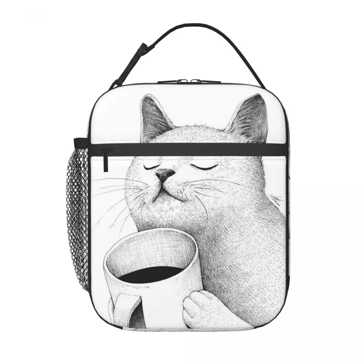 White Cat Holding Coffee Cup Pattern Insulated Lunch Bag for Women Kids Portable Food Boxes Thermal Lunch Box Tote