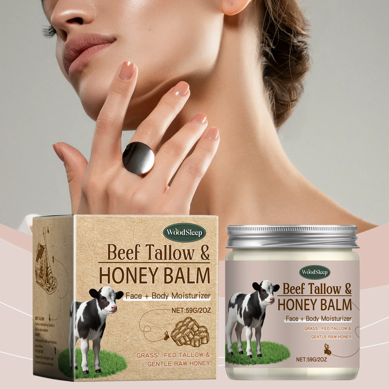 Woodsleep Beef Tallow Honey Balm Soft Smooth Skin Barrier Repair Nourishment Natural Organic Tallow Beef Face Balm Moisturizer