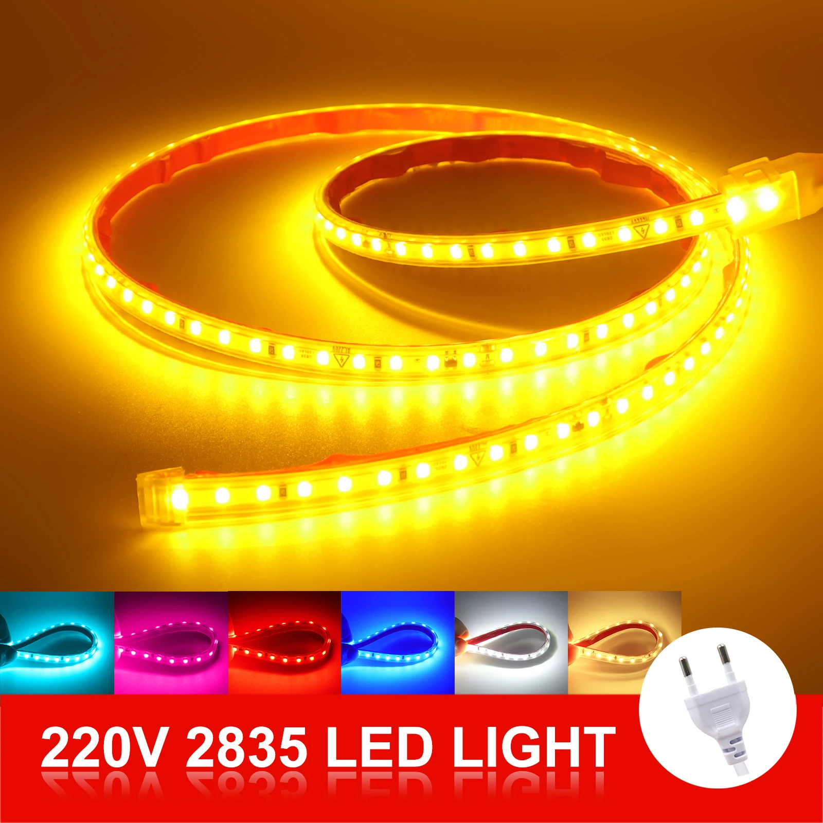 AC 220V LED Strip Waterproof 2835 120Leds/M Red/Blue/Pink/Yellow/White/Green Self Adhesive Flexible Ribbon Stripe Chain Light