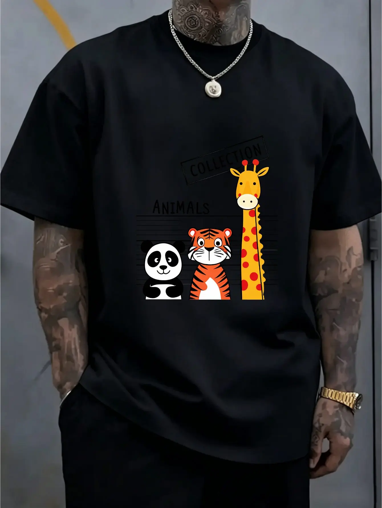 Cartoon Panda Tiger Giraffe Lineup Print Mens Short Sleeve Tee Crew Neck Wildlife Pattern Casual Outdoor Daily Comfort Top