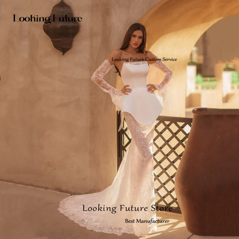 فستان زفاف حورية البحر الحديث مزين بالدانتيل عاجي أنيق بدون حمالات بدون أكمام طيات رسمية ترتر الوهم بطول الأرض