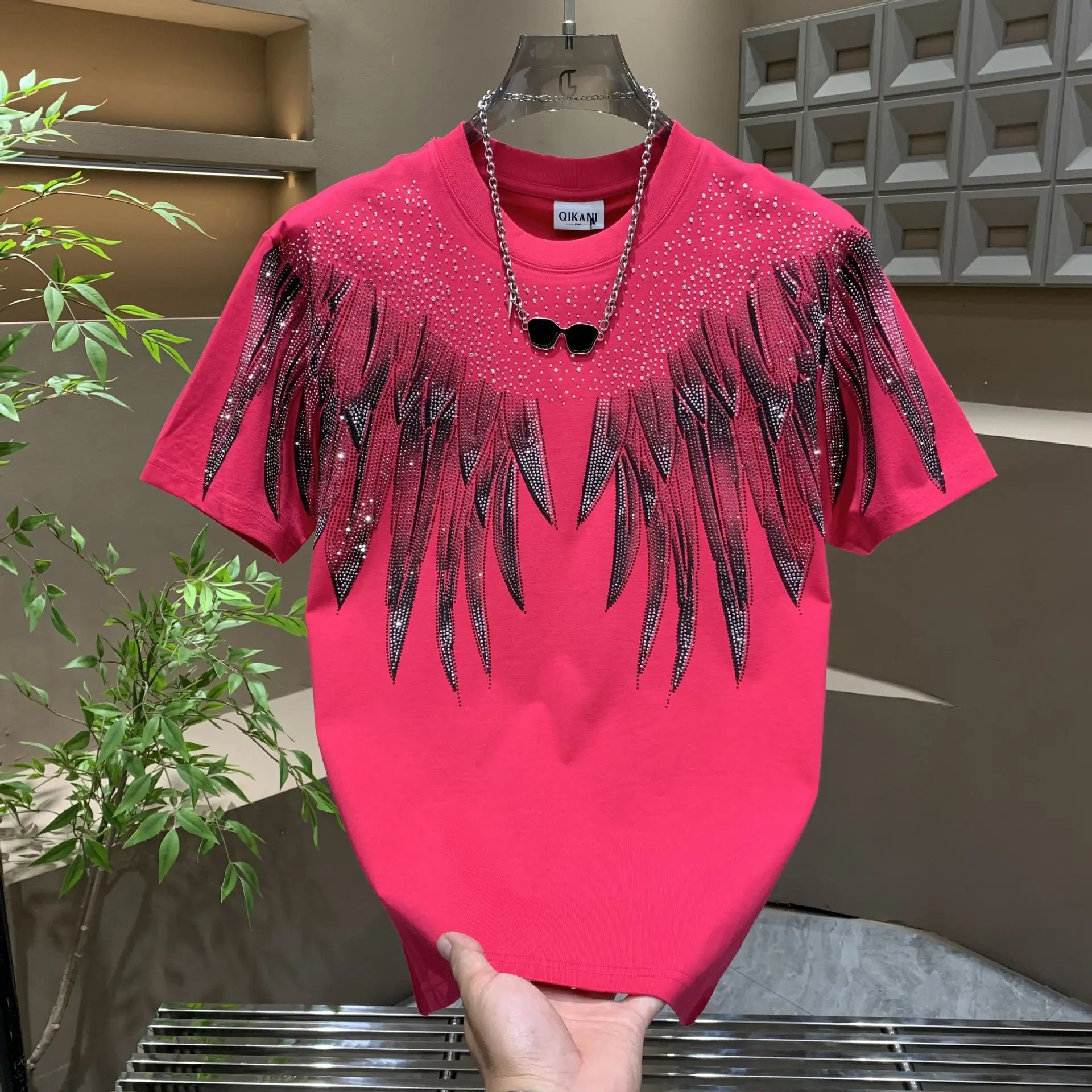 Summer New Men's Short Sleeve T-Shirt American Style Trendy Brand Personality Wing Print Rhinestone Luxury Versatile Crew Neck