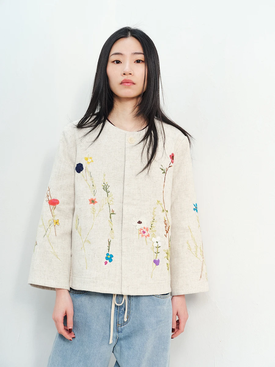 

Thiened Heavy Embroidery ort Jaet Women's round Ne Coarse Linen Button Fruit Nub Small round Ne ort Outerwear