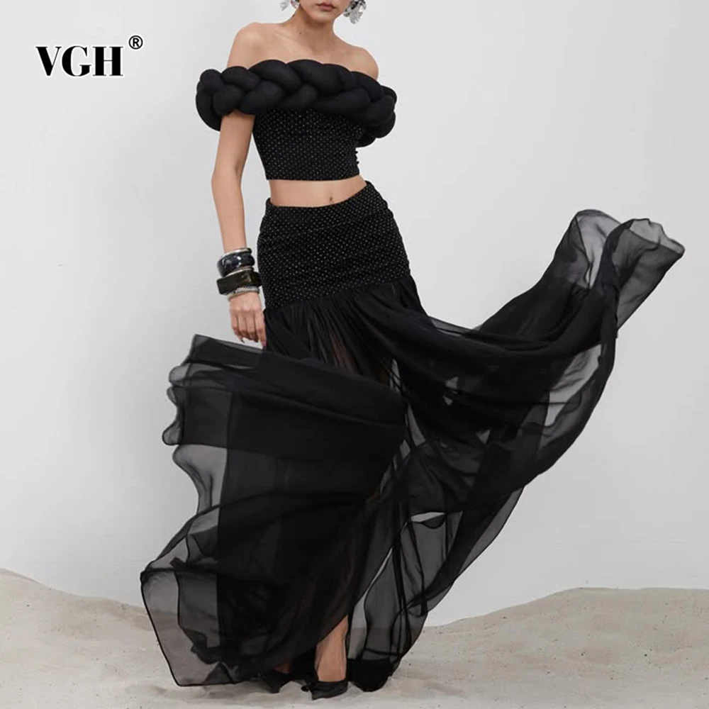 

VGH Solid Designer Slim Two Piece Sets For Women Slash Neck Off The Shoulder Sleeve Top High Waist Long Skirt Chic Set Female