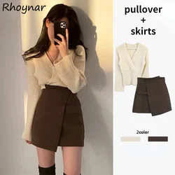 2 Pieces Sets Women Fashion New Elegant Criss-cross V-neck Pullover Simple Solid A-line Mini Irregular Jupe All-match Ulzzang