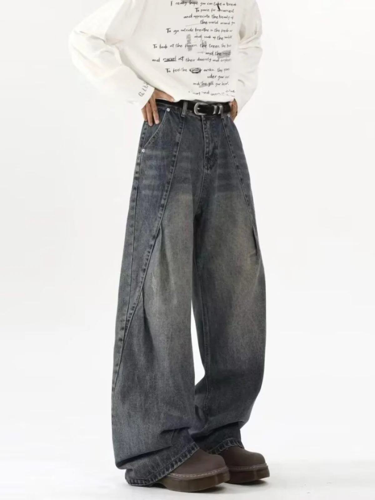 

Мужские джинсы в американском ретро-стиле, плиссированные, свободные, прямые, широкие, в стиле хип-хоп, длинные брюки