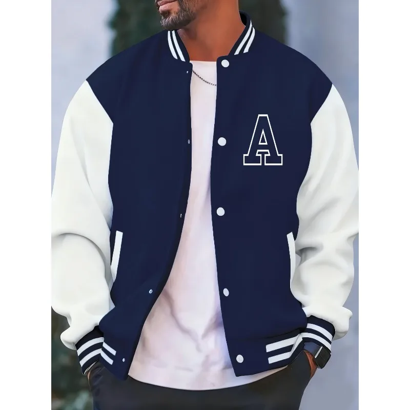 Men's A-line printed fashionable jacket, spring and autumn casual sports top, featuring a conventional fit color blocking design