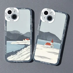 Iceland Mountain Sea House Illustration Silicone Phone Case For iPhone 16 15 14 13 12 11 Pro Max Mini Plus Soft Cover