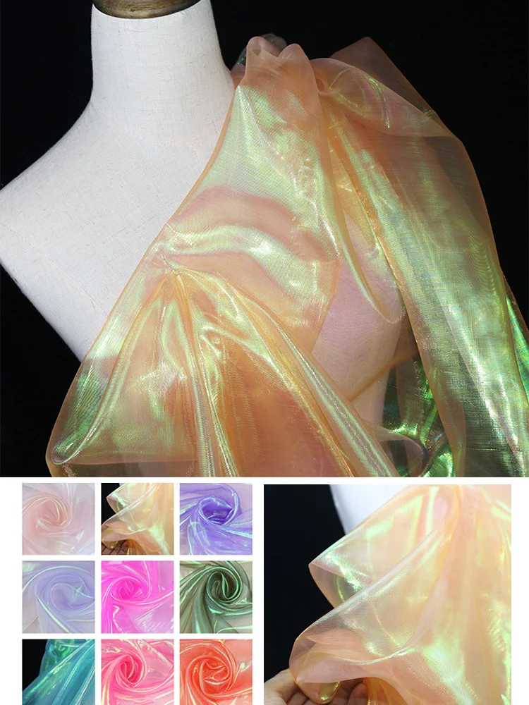 1/3/5/10M Gradiënt Organza Stoffen Laser Kleurrijke Glanzende Gaas Stof Podium Bruiloft Decor Voile transparante Holografische Stof - afbeelding 2