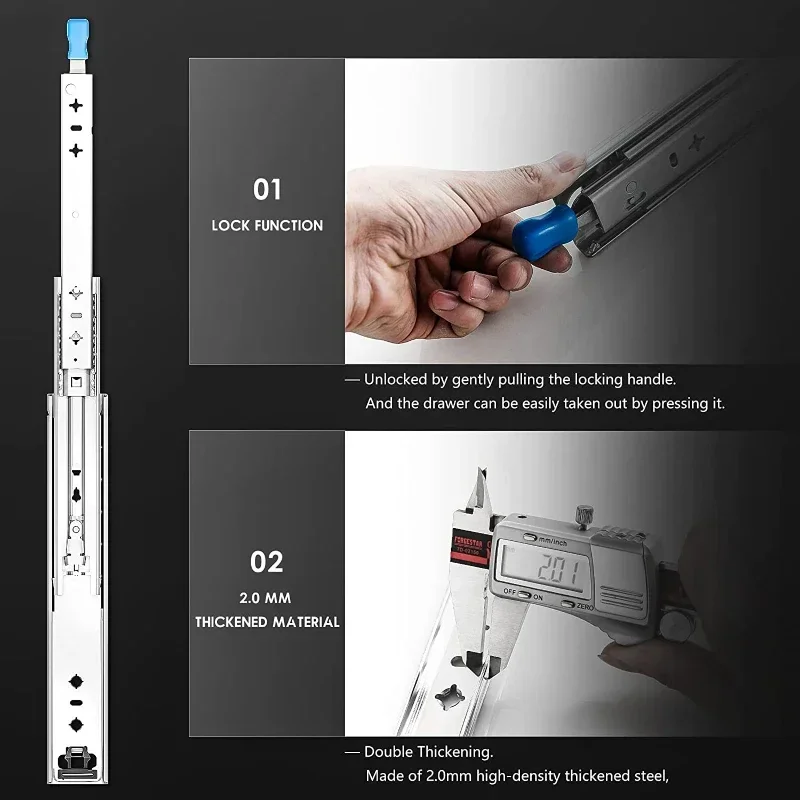 

Сверхмощные направляющие для выдвижных ящиков с замком, полный выдвижной шарикоподшипник, стопорные направляющие скольжения, промышленные направляющие для тяжелых условий эксплуатации, боковые направляющие