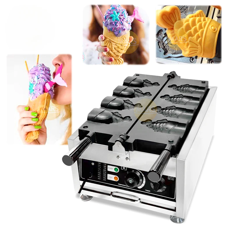 Commercial Open Mouth Taiyaki Maker Ice Cream Fish Shape Waffle Cone Machine 220v 110v Taiyaki Waffle Baking Pan Equipment