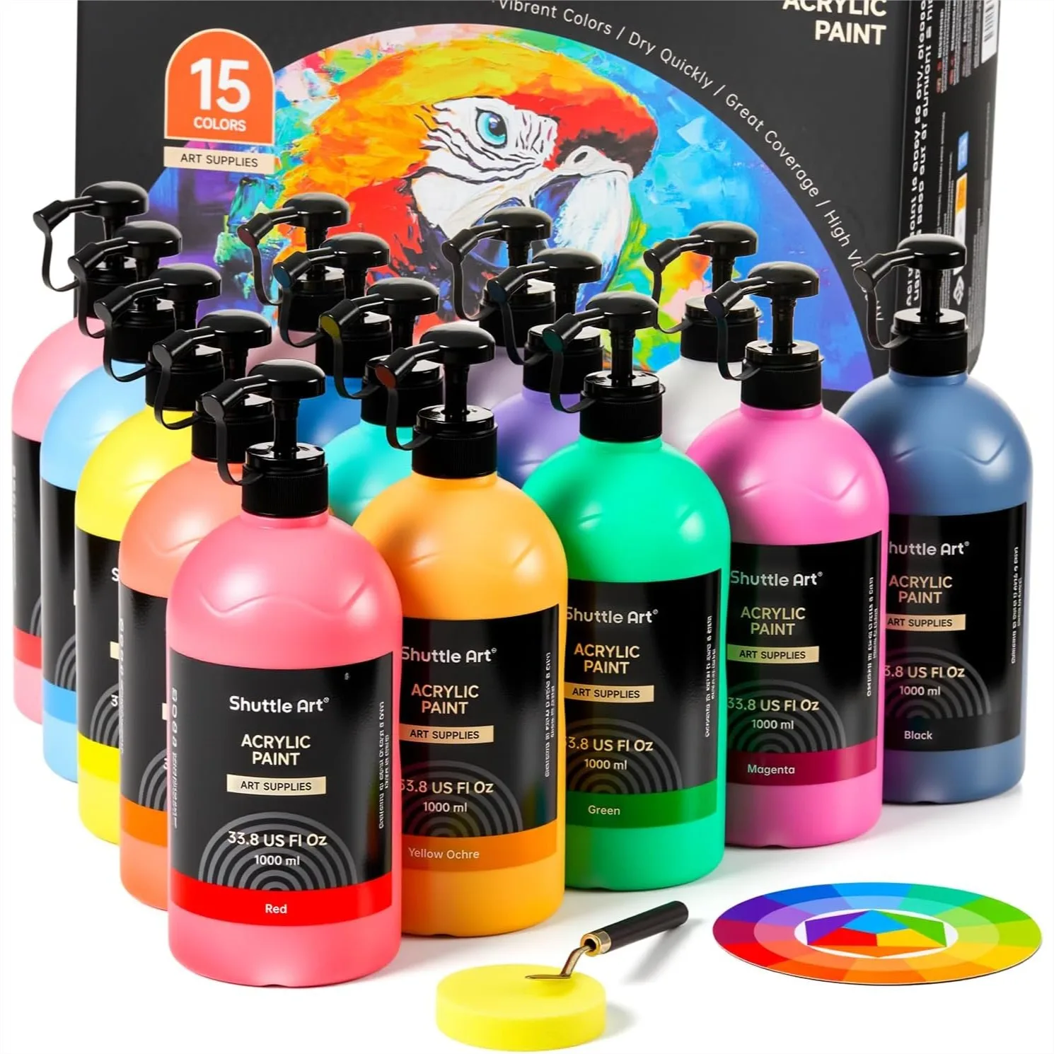 

15 Colors Acrylic Paint Set, 33.8oz Large Capacity Pump Bottles, Rich Pigments, High Coverage, Fast Drying for Canvas Wood
