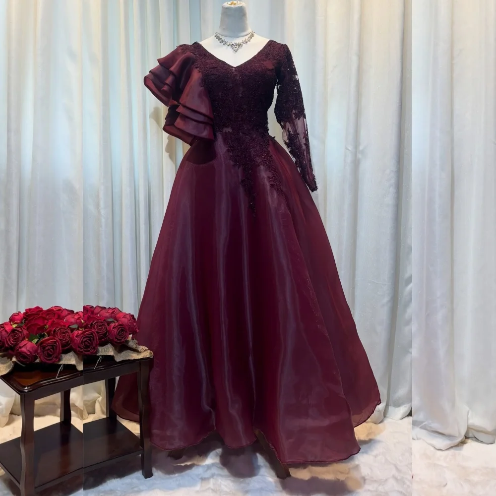 

Customized Elegant Organza Sequined Pleat A-line V-neck Long Dresses Bespoke Occasion Sizes Available