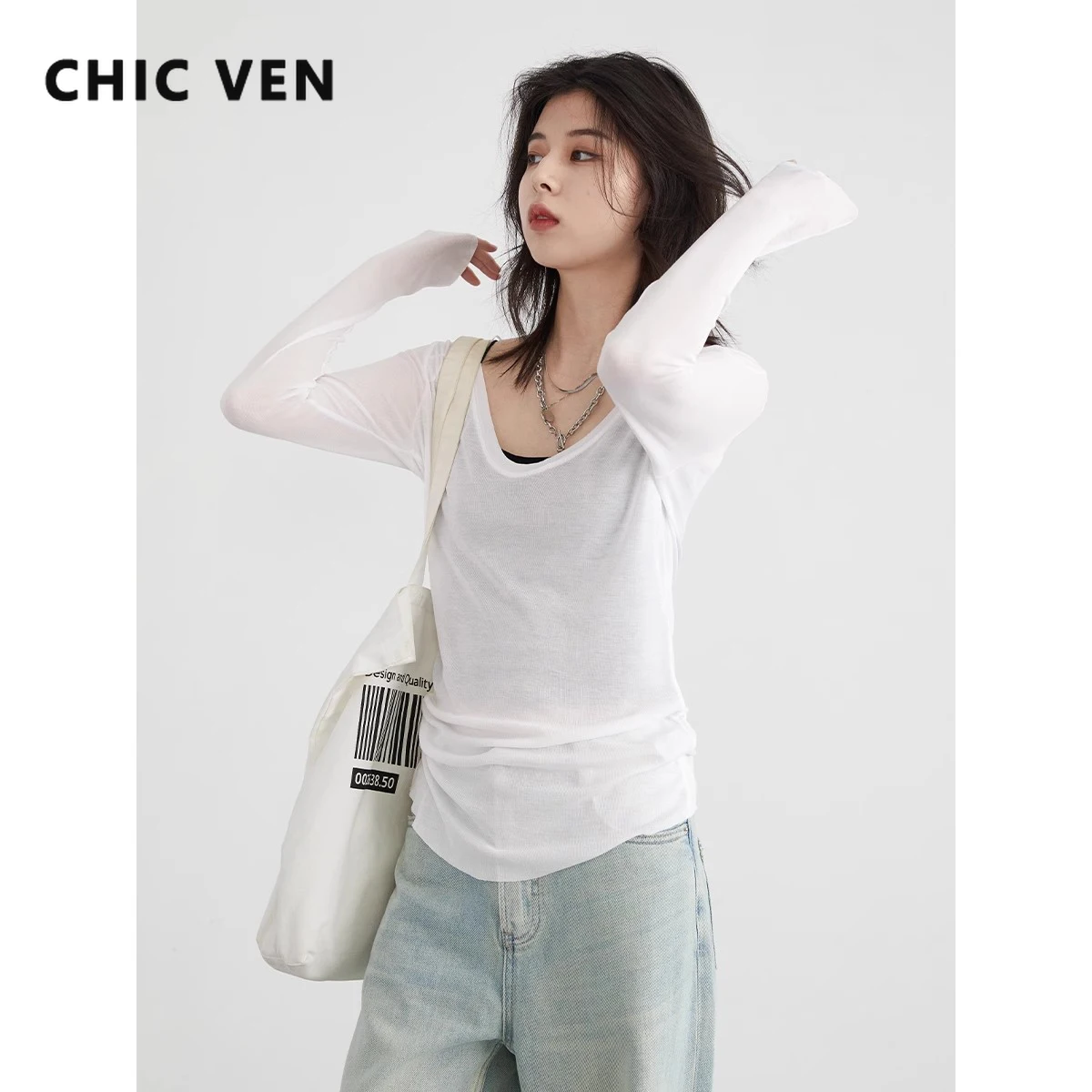 

CHIC VEN Women T-Shirts Solid White U Neck Lightweight Long Sleeved T-shirt Sunscreen Female Top Loose Casual Summer 2024