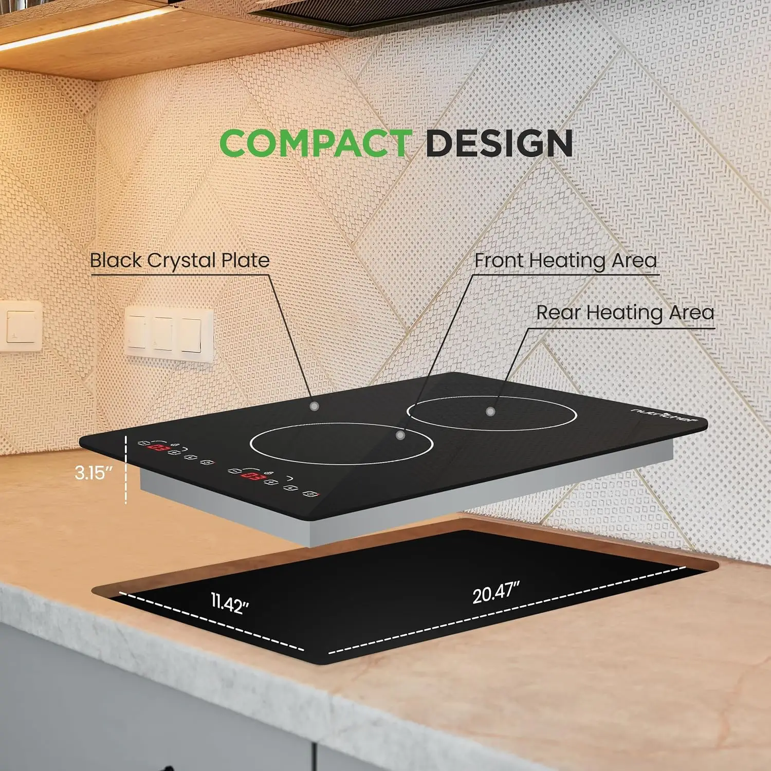 Induction Cooktop - 2 Glass Induction Burner Zones - Adjustable Temperature Settings - 1800W Electric Induction Cooker