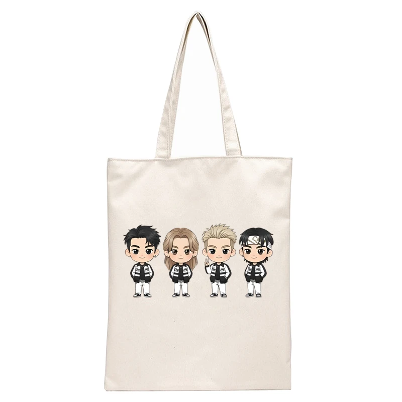 White LNGSHOT Kpop Hip Hop Printed Canvas Tote Bag Reusable Casual Shoulder Shopping Handbag Daily Outdoor Gift