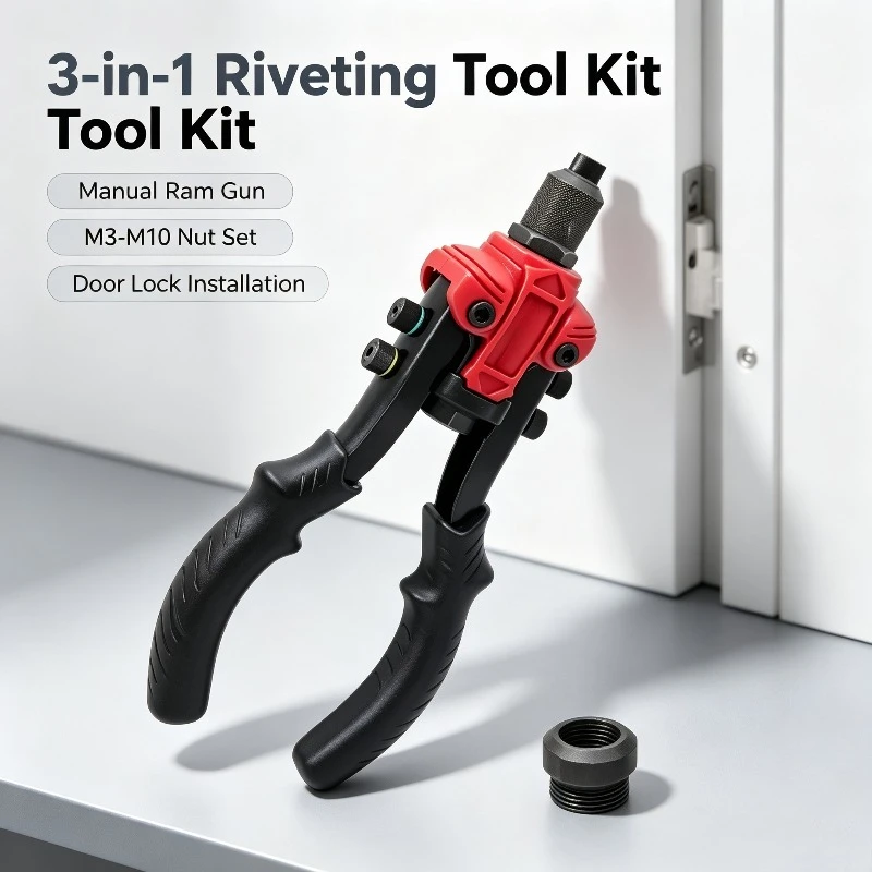 3-in-1 Multifunctional Manual Riveting Tool, Ram Gun, Nut & Reaming Drill Set, M3-M10 Door Lock Installation Tool Kit