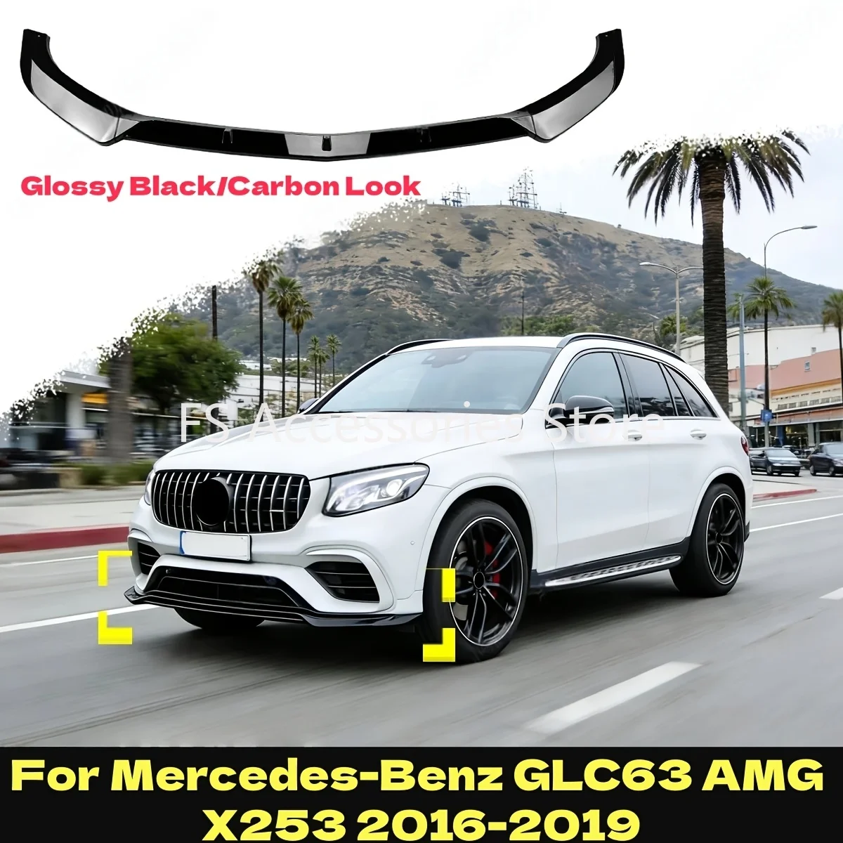 3PCS Automobile Front Bumper Spoiler Lip Decoration Kit For Mercedes-Benz GLC63 AMG X253 2016-2019 Glossy Black/Carbon Look
