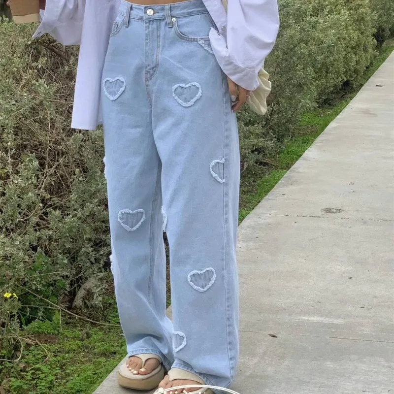 Neploe Fashion Sweet 3d Heart Jeans for Women Y2k High Waist Straight Trousers 2025 Spring New Loose Denim Wide Leg Pants