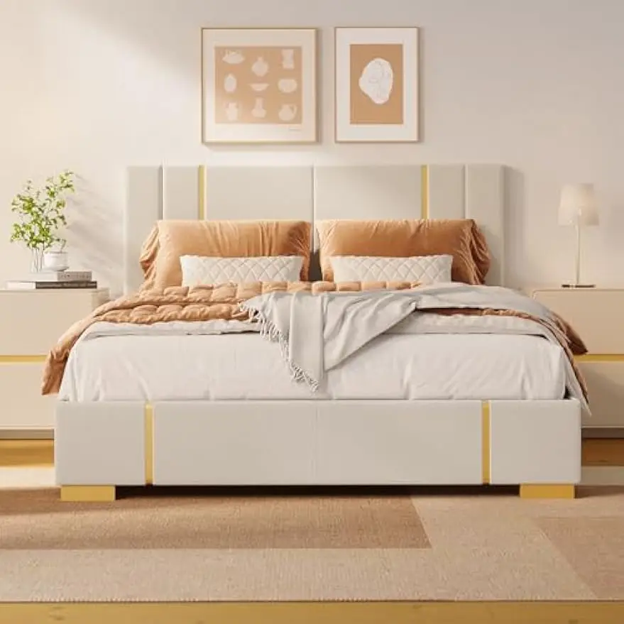 Modern Headboard Queen Sturdy Metal Frame Upholstered Platform Bed Upgrade your Bedroom Look Easy Assembly