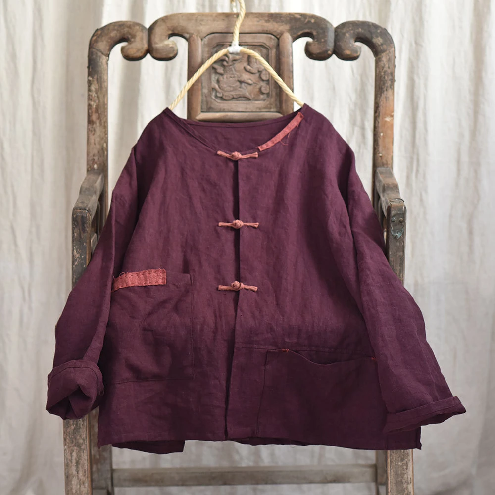 여성용 긴팔 리넨 셔츠, 빈티지 O넥 단색, 루즈한 여성 캐주얼 상의 셔츠, M470, 2025 용수철 중국 스타일, 신상