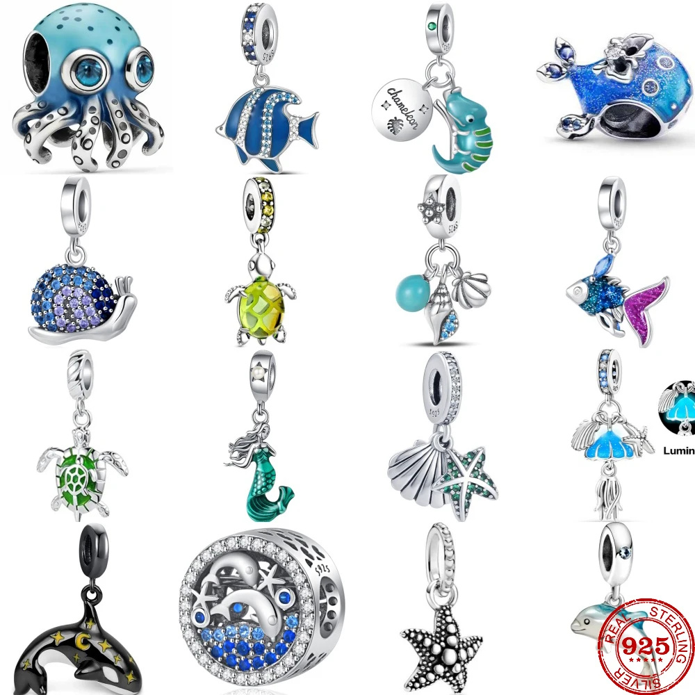 

2024 New 925 Sterling Silver Luminous dolphin octopus whale chameleon DIY Fine Beads Fit Original Pandora Charms Women Bracelet