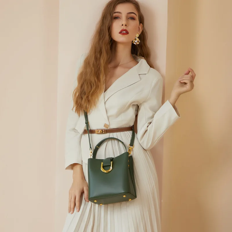 100% Genuine Leather Bucket for Women, Commute Niche Luxury Crossbody Shoulder,  