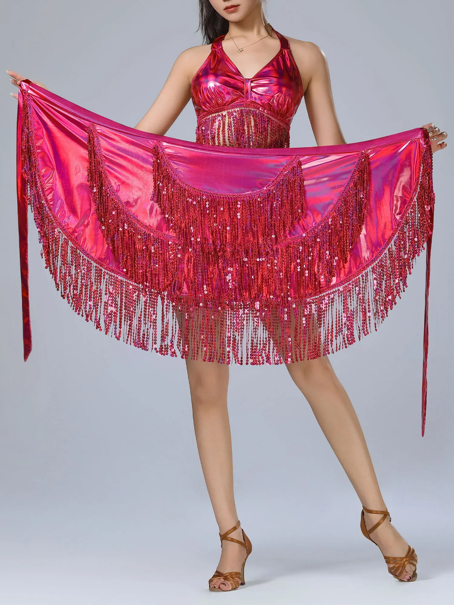 

Women Belly Dance Sequined Fringe Hip Scarf Side Tying Tiered Shiny Waist Wrap One-piece Skirt for Latin Chacha Ballroom