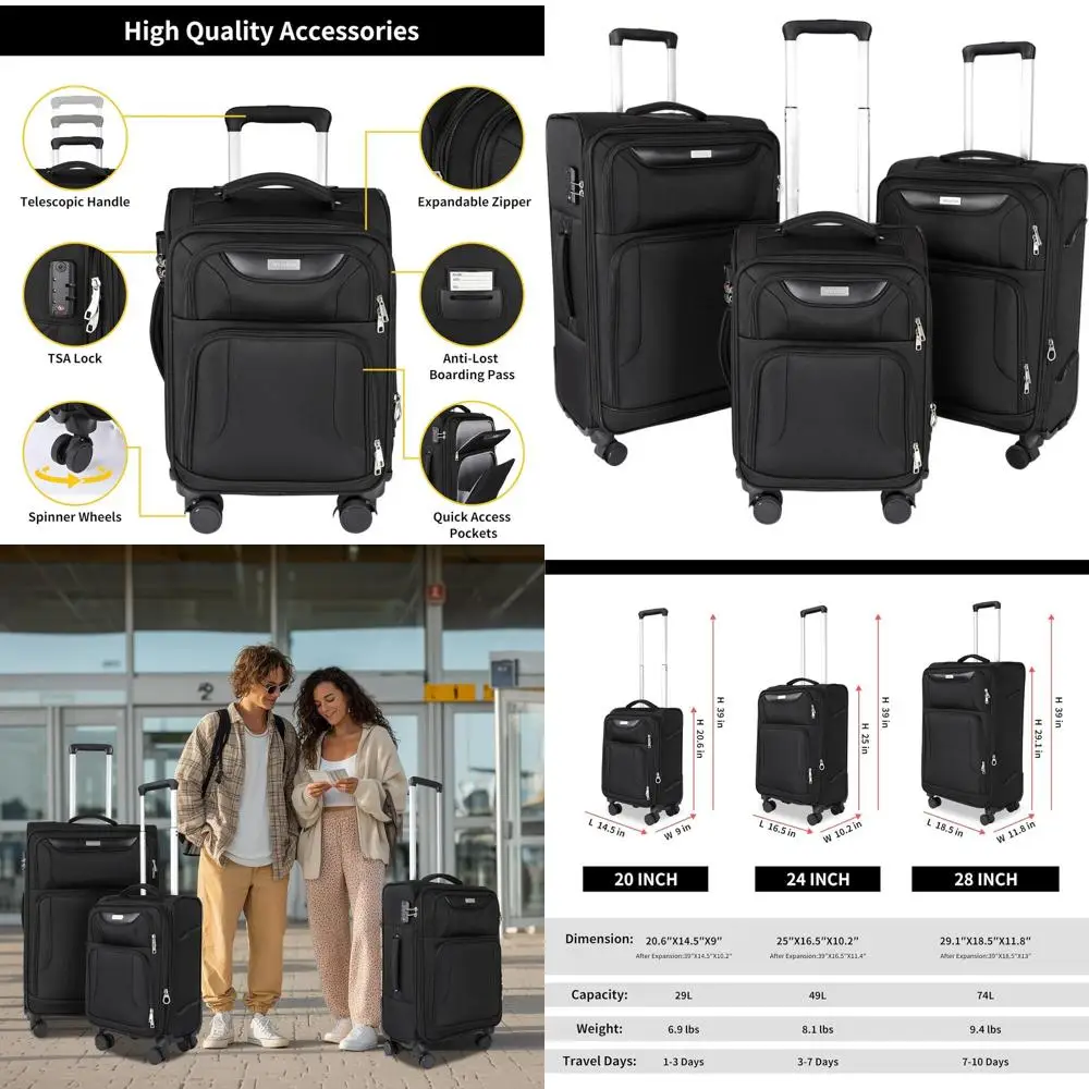 

Expandable 3-Piece Luggage Set with Front Pocket, Lightweight Oxford Fabric, TSA Lock (Black, 20/24/28)