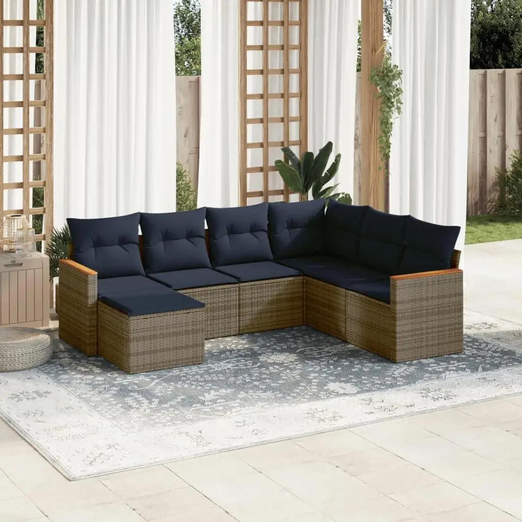

7 Piece Gray Poly Rattan Outdoor Patio Sofa Set with Cushions Stylish Comfortable Garden Furniture