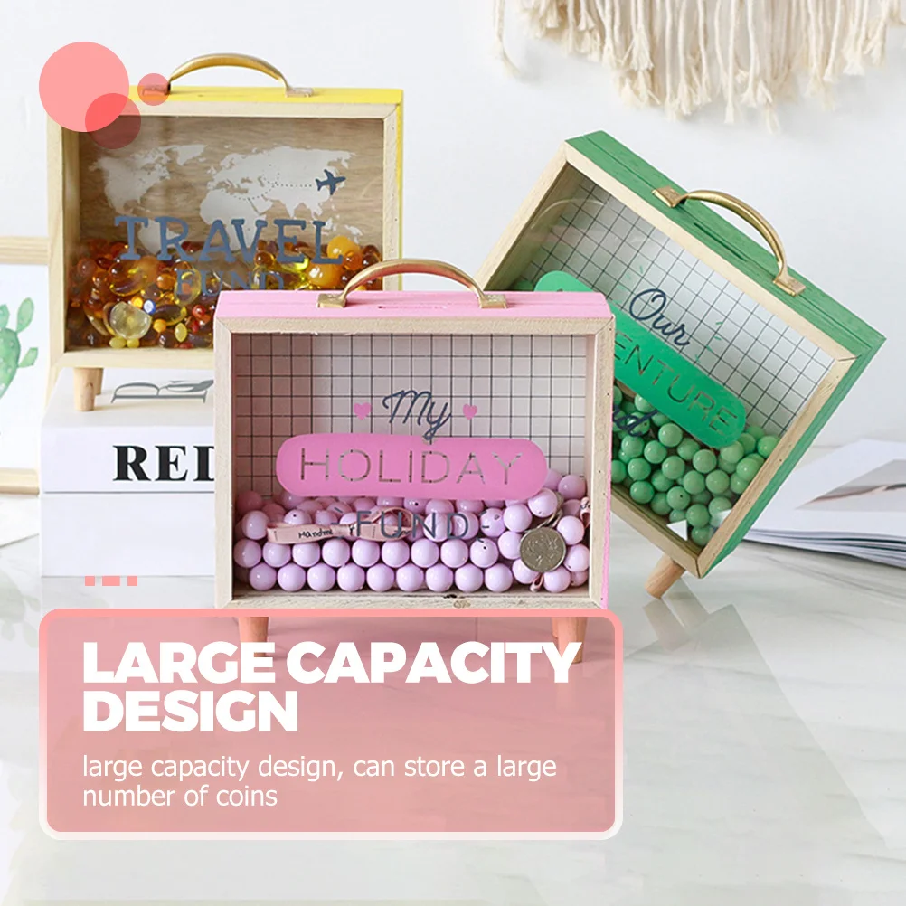 

Pink Piggy Bank Retro Transparent Window Large Capacity Coin Change Container Wooden Saving Pot Home Office Decor Treasure