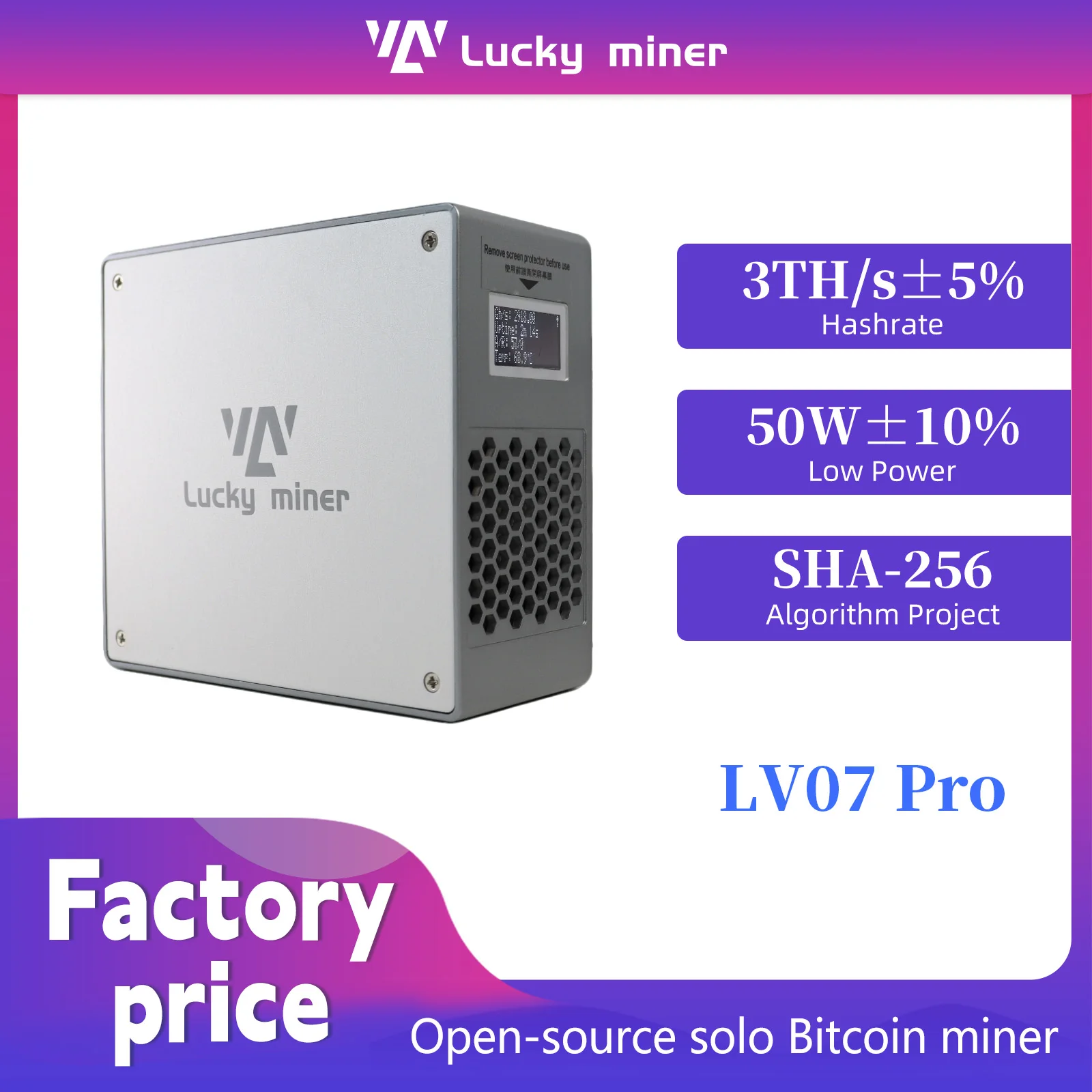 

Lucky Miner LV07Pro Solo miner 3TH/s Blockchain cryptocurrency mining machine Bitcoin Lottery Miner Brand-new design