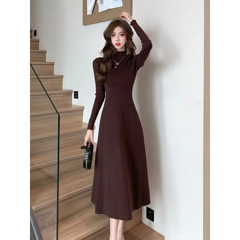 

French Retro Half Turtleneck Knitted Dress Season Elegant Slim Fit Inner Wear Short Base Puff Sleeve