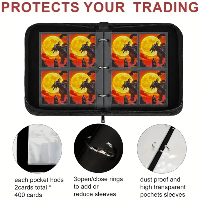 4-Pocket Card Binder, Premium Zipper Trading Card Binder, 50 Double-Sided Pocket Pages, Can Hold 400 Cards, Suitable for Games, Baseball, Mtg/Yu-Gi-Oh!/Tcg Card Storage, Card Protection for Collecting
