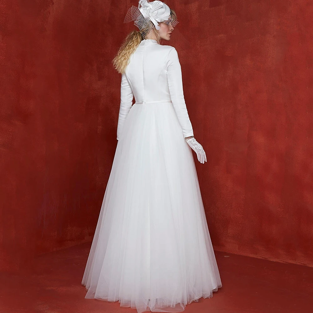 Elegant Satin and Tulle Wedding Dress High Neck Long Sleeve A-Line Floor Length with Belt Simple Bride Customized Marriage Gowns