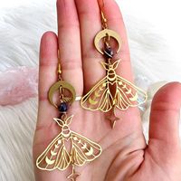2 Pcs Vintage Moth Moon Sun Simple Copper Natural Stone Gold Color Earrings Pendant Women Party GIft Jewelry
