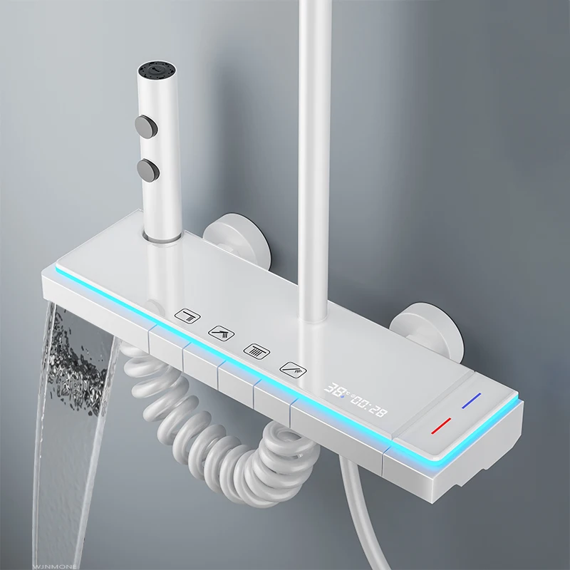

Modern Bathrooms Shower System Set Glass Panel Bathtub Rain LED Display Rainfall Shower Mixer Tap Thermostatic Faucet with Light