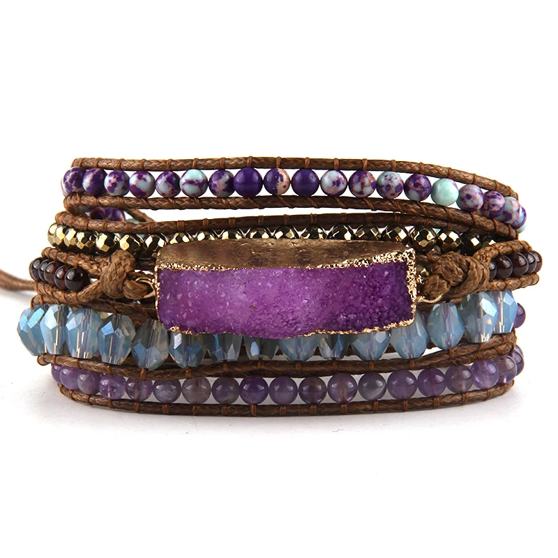 RH Fashion Women Armbander Mixed Beaded Natural Stones Crystal Druzy Charm 5 Strands Wrap Bracelets DropShip