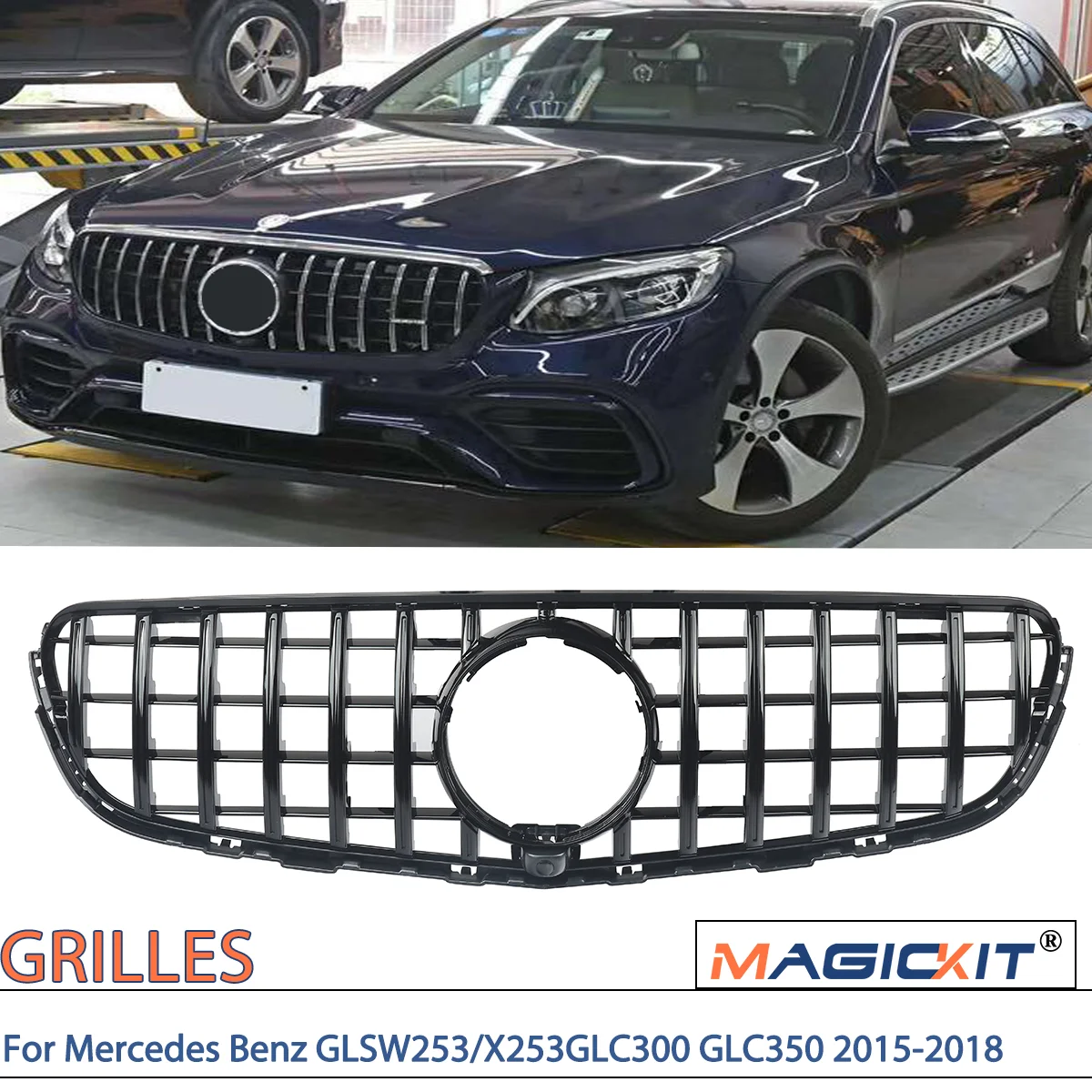 

MAGICKIT Front Hood Grille Racing Grill For Mercedes Benz GLSW253/X253GLC300 GLC350 2015-2018(With camera hole) CAR Accessories