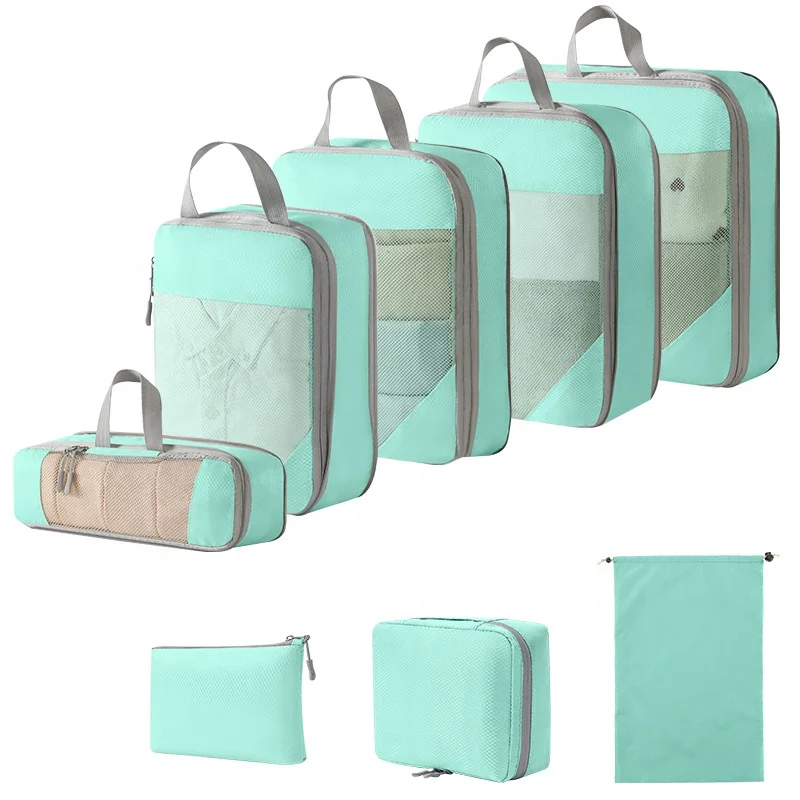 Custom logo Compression 5pcs 6pcs 7pcs 8pcs 9pcs Pack Mesh Travel Luggage Organizer Toiletry Cosmetic Storage Set Packing Cubes