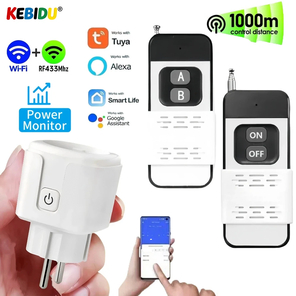 

Tuya WiFi 433mhz RF Smart Socket 16A EU Plug with Power Monitoring 1000 Meters Remote ON OFF Smart Outlet For Alexa Google Home